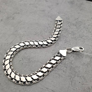 Подвійний срібний браслет чоловічий бісмарк з накладками. Ширина 9 мм. Довжина 19 см