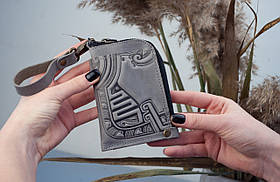 Міні-гаманець картхолдер сірий з тисненням Плин Часу  | міні гаманець на блискавці