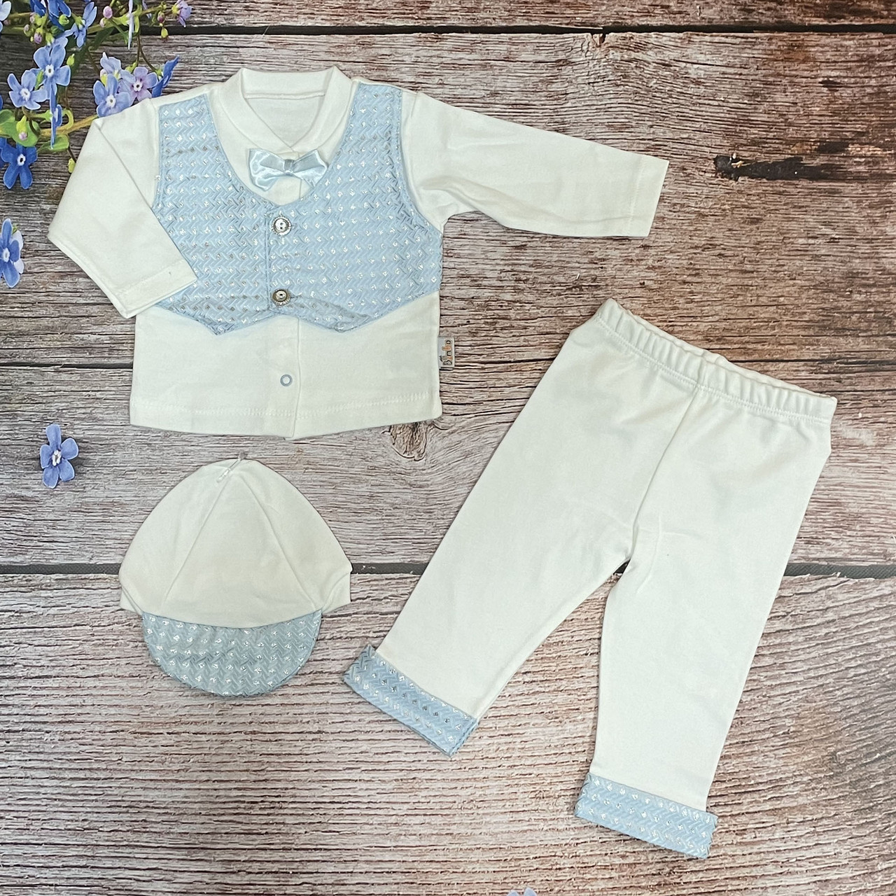 Ошатний костюмчик для малюка (Кофтинка, Штанці та Чепчик) Розміри: 68 і 74 см (26047), фото 1