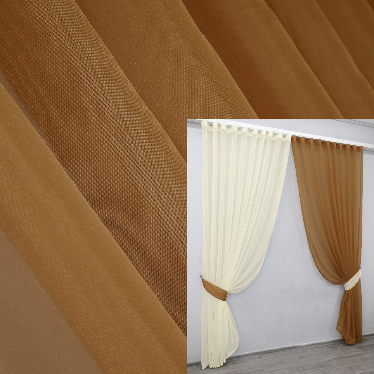 Комплект (2шт. 2,5х2,7м.) декоративних штор з шифону. Колір бежевий з коричневим. Код 026дк 10-759, фото 1