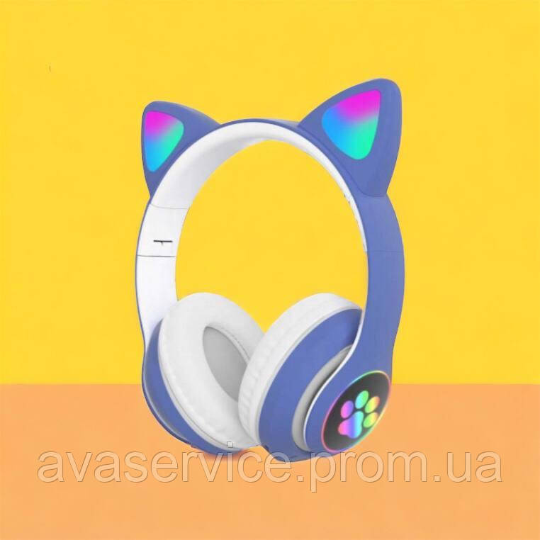 Дитячі бездротові навушники з вушками CAT STN-28 сині / Бездротові навушники, QC-409 що світяться