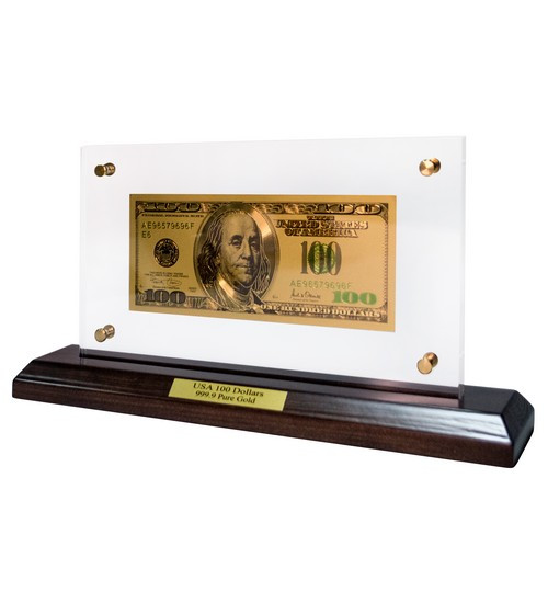 Банкнота на підставці 100 USD (долар) золото 28*14*6 см   ГП60076