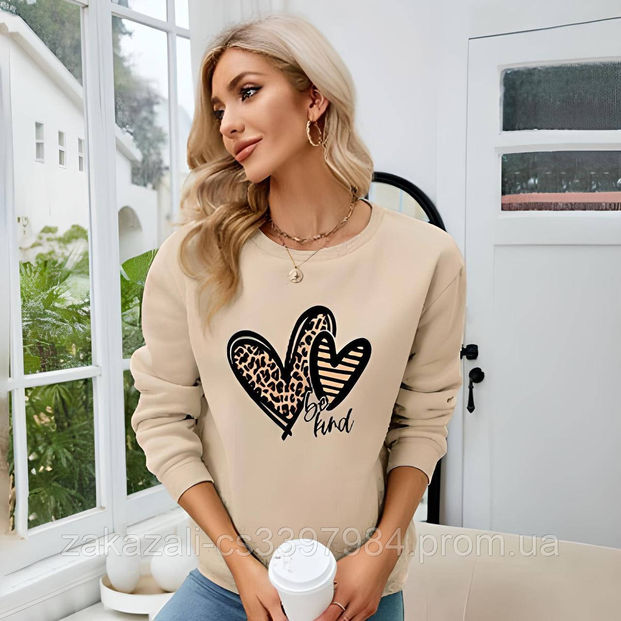 Жіночий Теплий Світшот із принтом Серце, оверсайз | Худі вільного крою, з малюнком, тринитка на флісі | Норма та Батал, фото 1