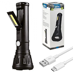Ліхтар ручний від USB, 3+1 режиму + COB, PANTHER PT-8182 з боковою лампою / Акумуляторний ліхтарик