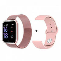 Смарт-часы Smart Watch T80S Pink + 2 браслета - стальной и силиконов(температура, пульс, давление, кислород)