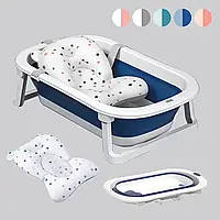 Детская ванночка для купания младенцев складная с термометром и подушкой Бело-синяя
