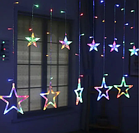 Новогодняя гирлянда штора звездопад Светодиодная гирлянда на окно 12 цветных звезд