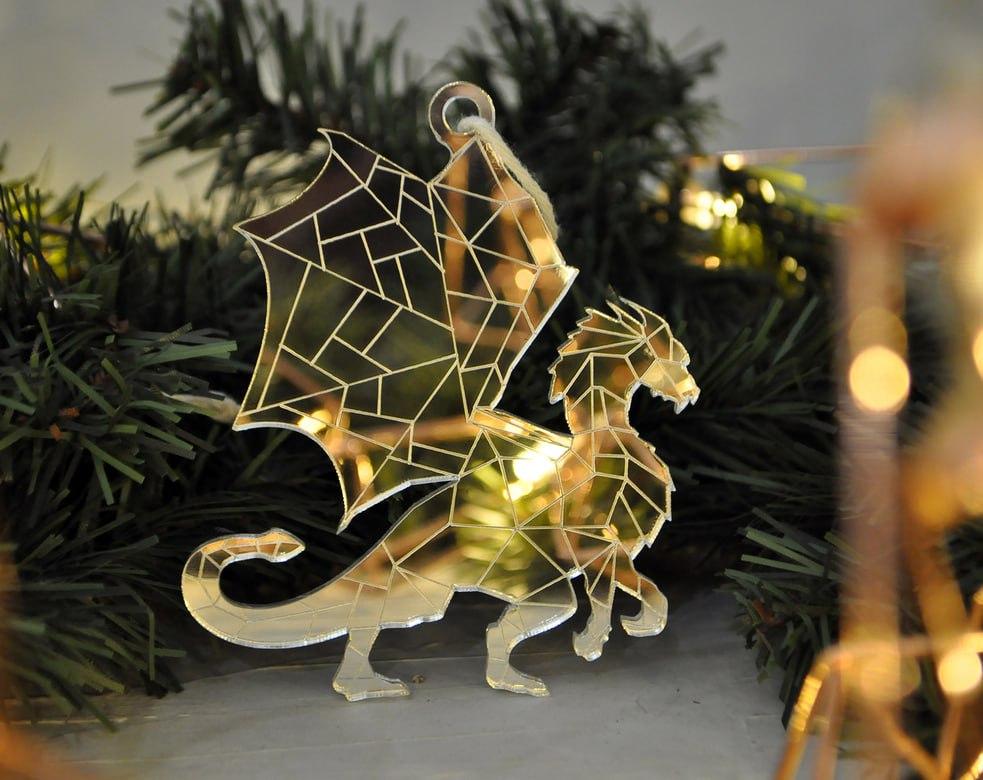 Дзеркальна золота (срібляста) підвіска Дракон символ 2024 року ялинкова