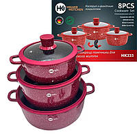 Набор посуды с гранитным антипригарным покрытием Higher Kitchen HK-325, набор кастрюль с крышками красный