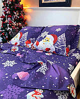 Двуспальний комплект постельного белья "Волшебная ночь" фиолетовый новогодний с дедом морозом