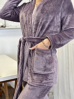 Женский махровый домашний костюм однотонный | Кофта-халат + штаны | Комплект для дома | Пижама махра | Норма Лиловый, 42/44