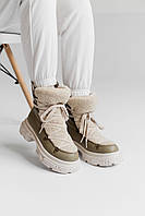 Женские зимние ботинки з белым мехом баранчик Модные теплые женские ботинки бело-зеленые