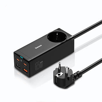 Мережевий зарядний пристрій з розеткою BASEUS GaN3 Pro 65W 2Type-C + 2USB + AC (чорний)