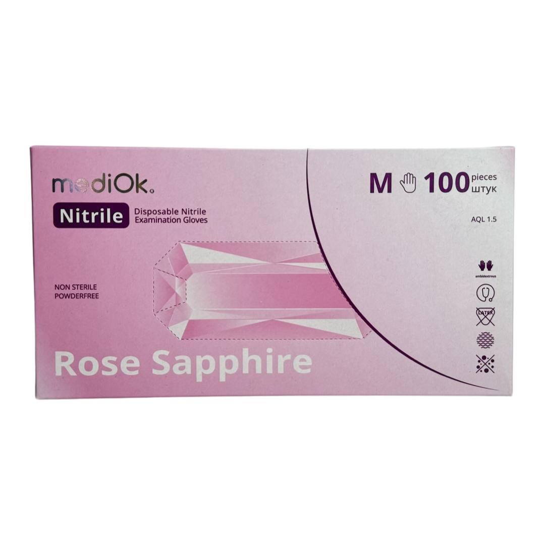 Рукавички одноразові нітрилові без пудри рожеві Rose sapphire Mediok 100 шт 3.8 розмір M