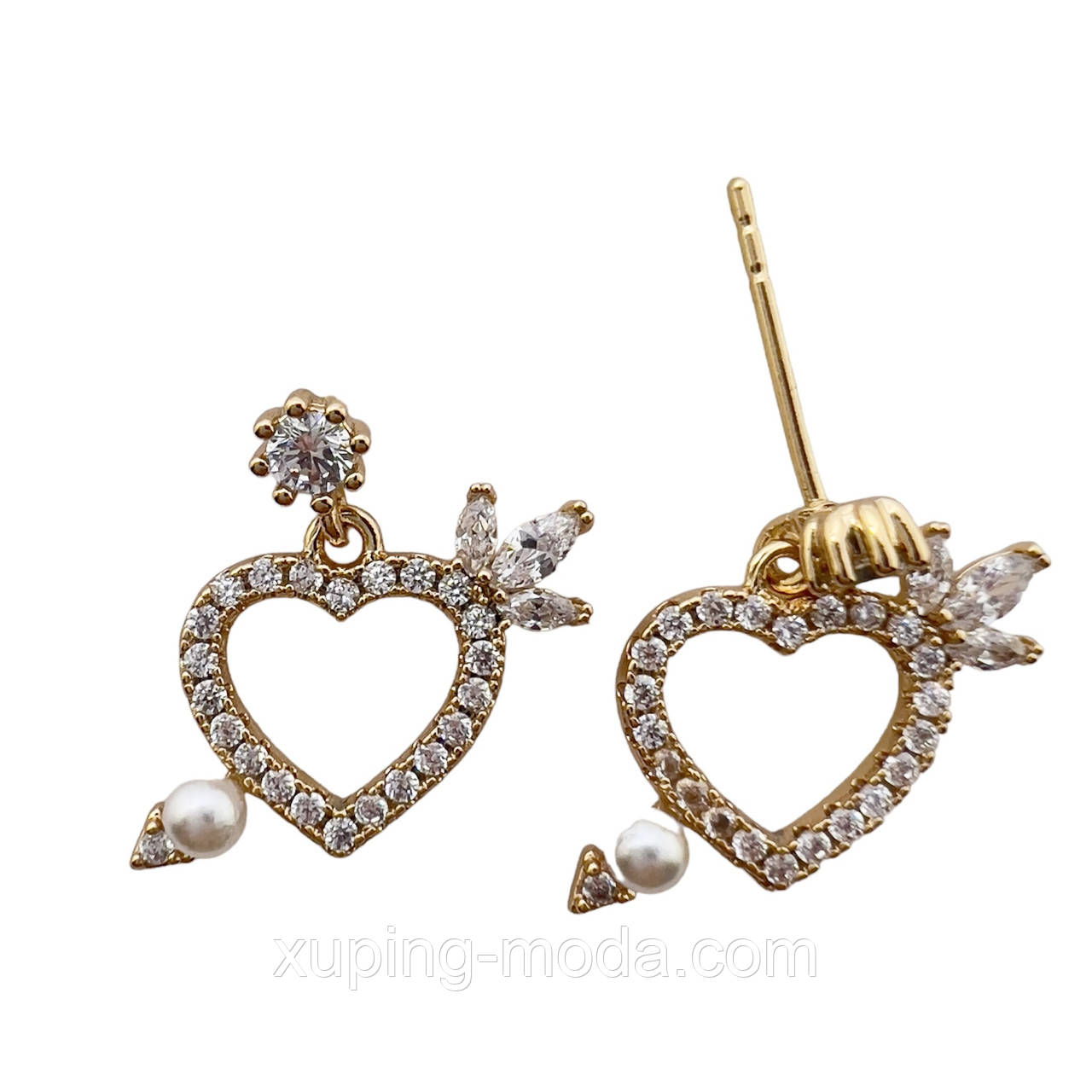 Сережки сердечка з перлинами xp. 10 мм.18к, фото 1