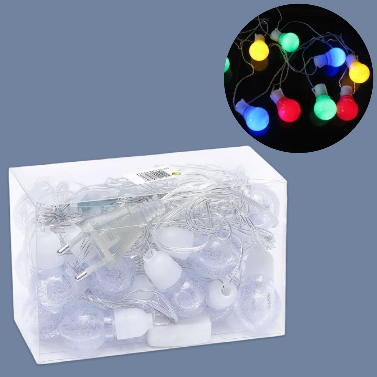 Світлодіодна гірлянда "Лампочки-кульки", 5м, 20 LED, режим мерехтіння, 220V, прозорий провід, Мультиколор