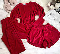 Плюшевая пижама тройка кофта шорты штаны S красный