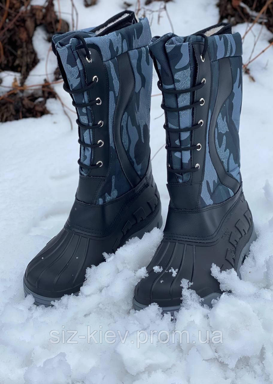 Зимові чоботи високі "СНІГОХІД", з натуральною вовною НОВИНКА! (на шнурках). Колір: сірий камуфляж
