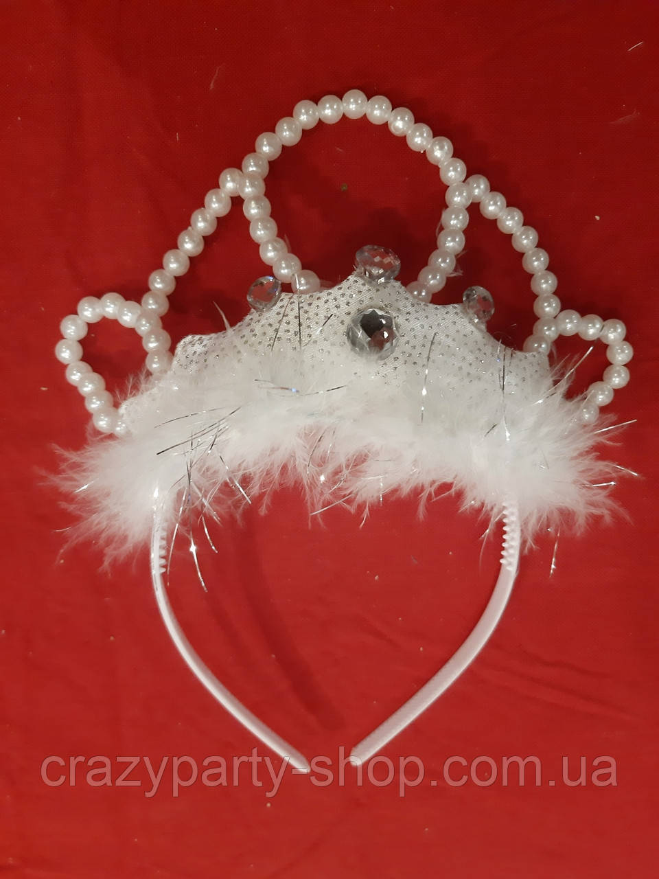Корона карнавальна Снігуроньки, сніжинки  біла з перлами та пушком, фото 1