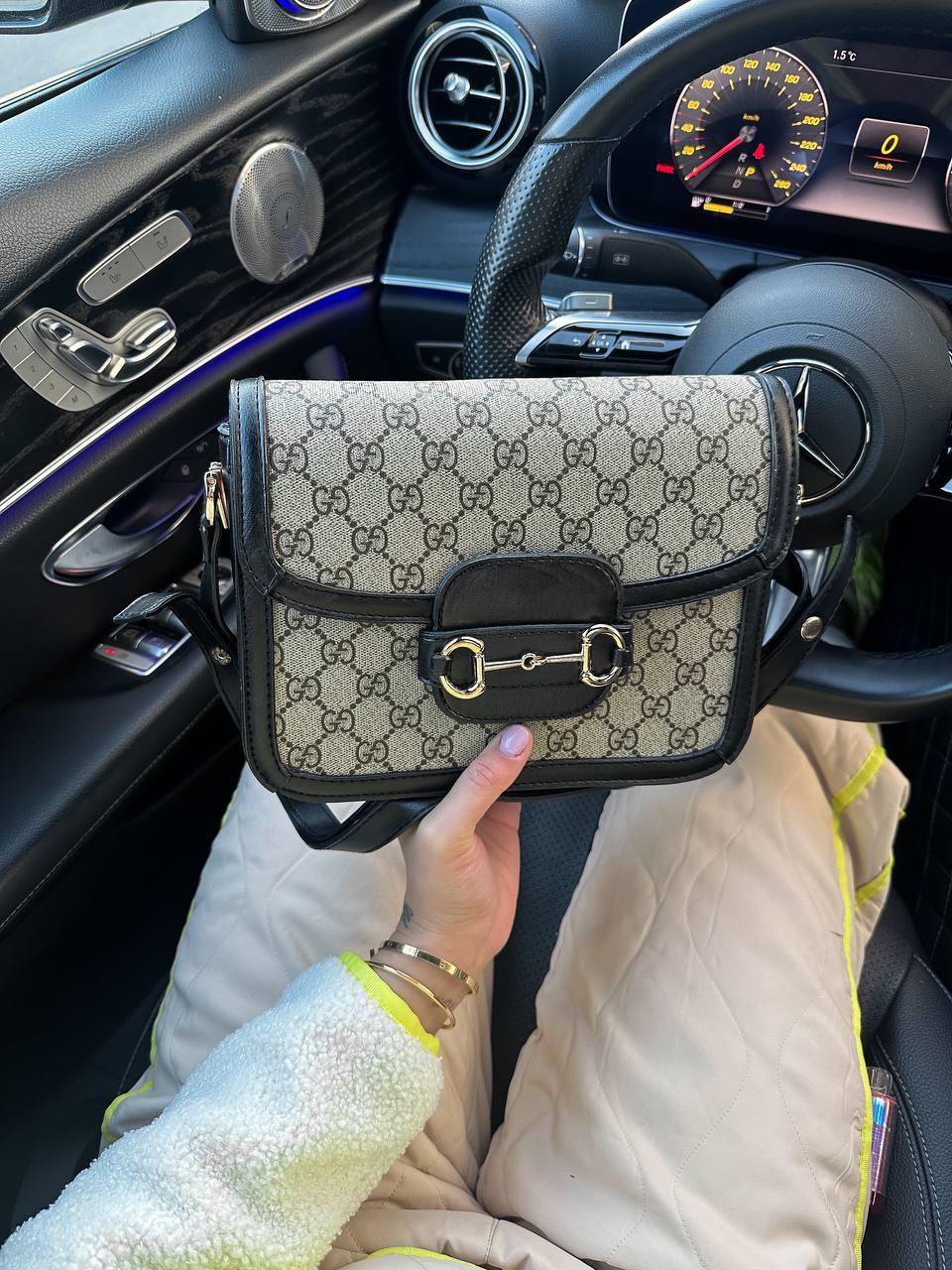 Жіноча сумка Gucci Horsebit (сіра з чорним) крута стильна сумочка GI3811топ, фото 1