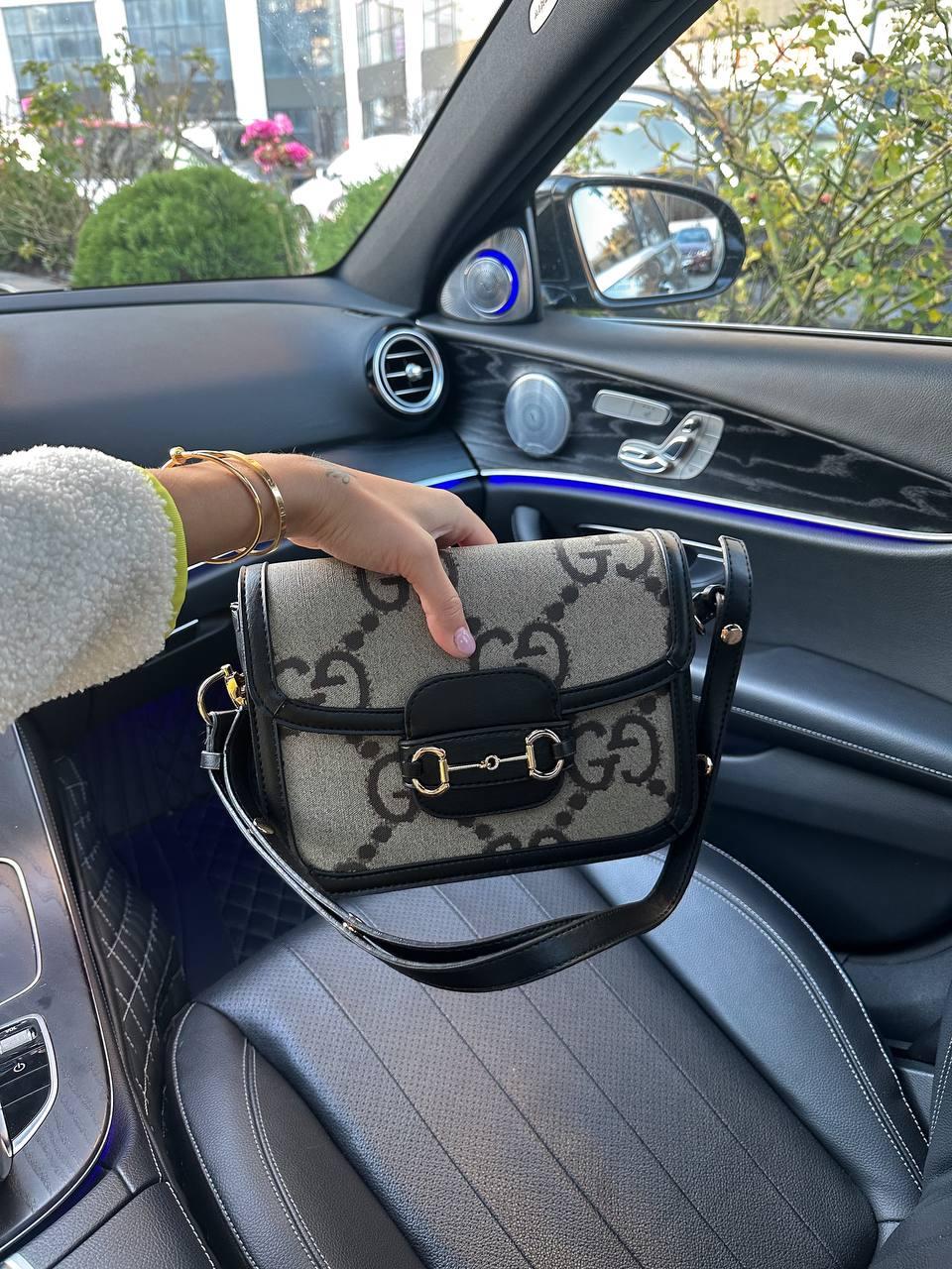 Жіноча сумка Gucci Horsebit (сіра з чорним) класична модна сумочка Gi3809топ, фото 1