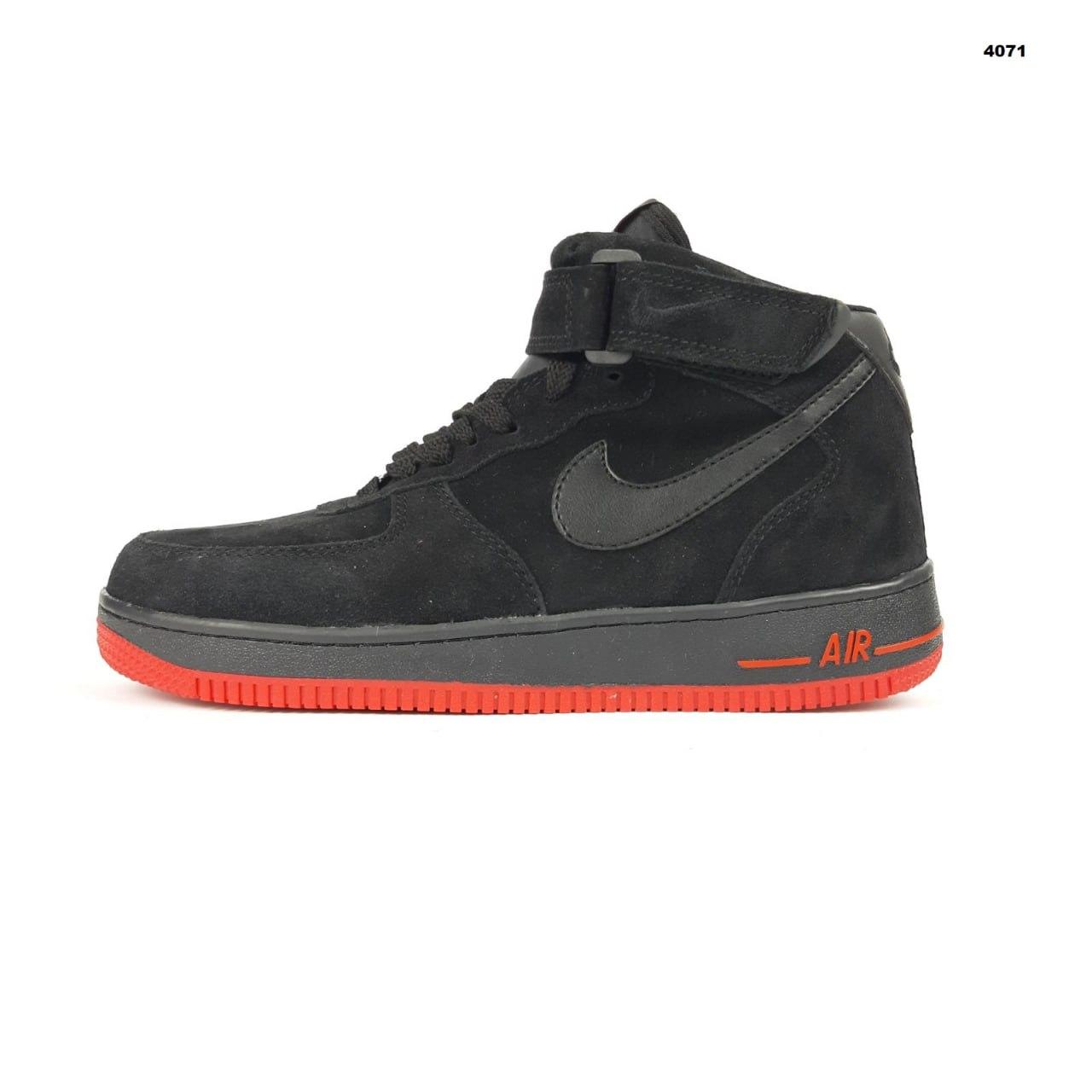 Чоловічі зимові кросівки Nike Air Force 1 (чорні з червоним) високі повсякденні кроси 4071 Найктоп, фото 1