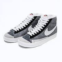 Мужские зимние кроссовки Nike Blazer mid (серые с белым) высокие молодёжные кеды с мехом 2516 тренд