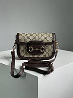 Женская сумка Gucci Horsebit 1955 Mini Bag Grey/Brown (серая с коричневым) стильная модная сумочка KIS13089