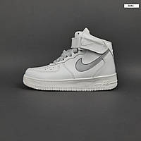 Женские зимние кроссовки Nike Air Force 1 (белые с серым) высокие повседневные кроссы 4074 Найк vkros