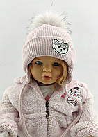 Дитяча в'язана шапка тепла з флісом на зав'язках дитячі головні убори рожевий (ШДТ343)