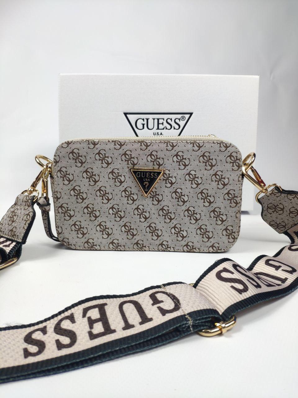 Жіноча сумка Guess Logo Grey (сіра з коричневим) красива сумочка на довгому широкому ремені S53топ, фото 1