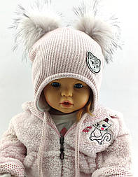 Дитяча в'язана шапка тепла з флісом на зав'язках дитячі головні убори рожевий (ШДТ344)