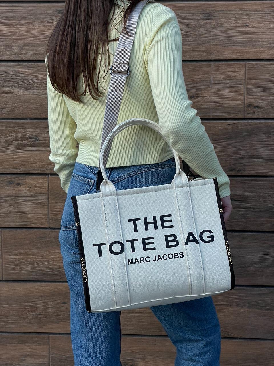 Жіноча сумка Marc Jacobs The Large Tote Bag Beige Black (бежева з чорним) текстильне шикарне полотно S47 vkross, фото 1