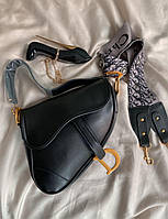 Женская сумка Dior Black Saddle (черная) удобная стильная сумочка на длинном широком ремне S13 тренд