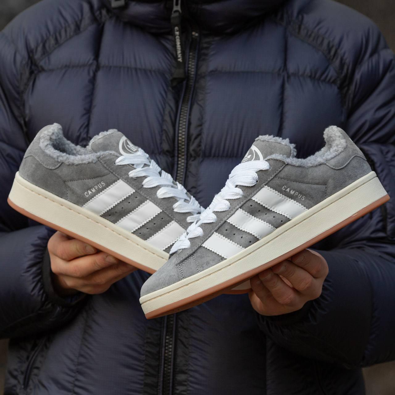 Чоловічі зимові кросівки Adidas Campus Grey/White (сірі з білим) якісні кеди на хутрі I1490 vkros