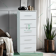 Вузький високий комод на 5 шухляд білий , Тумба для речей у вітальню та спальню