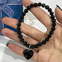 Браслет с кулоном из натурального камня Черный Агат гладкие бусины 4 мм - оригинальный подарок девушке
