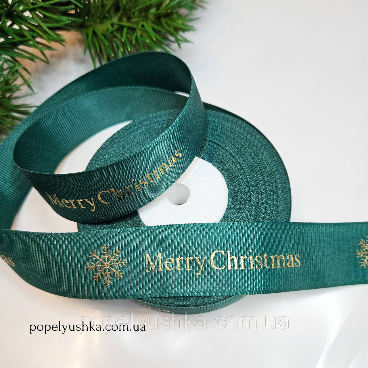 Репсова стрічка "Merry Christmas" зелена 2.5 см, фото 1