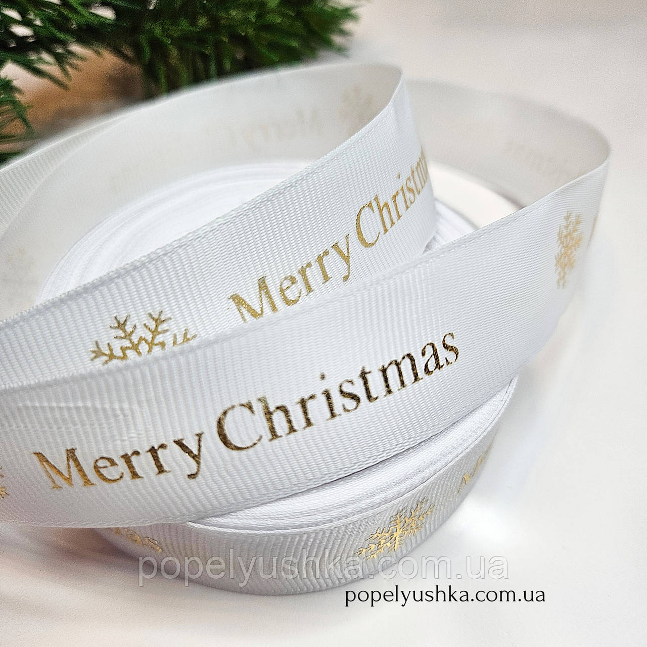 Репсова стрічка "Merry Christmas" біла 2.5 см, фото 1