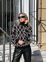 Модный теплый женский вязаный свитер под горло оверсайз 42-52 пудра, черный, серый, синий Чорний + світла пудра