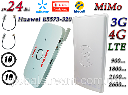 Повний комплект для 4G/LTE/3G з Huawei E5573-320+ і Антена планшетна MIMO 2×24dbi (48 дб) 698-2690 МГц