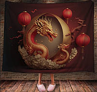 Плед с 3D принтом китайский дракон - золотой китайский дракон с красными фонариками.