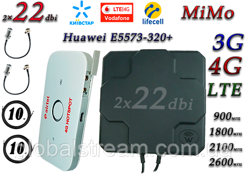 Інтернет комплект для 4G/LTE/3G з Huawei E5573-320+ і Антена планшетна MIMO 2×22dbi ( 44 дб) 698-2690 МГц