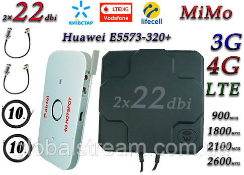 Інтернет комплект для 4G/LTE/3G з Huawei E5573-320+ і Антена планшетна MIMO 2×22dbi ( 44 дб) 698-2690 МГц, фото 1