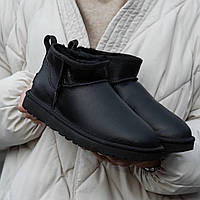 Угги женские UGG Australia Classic Ultra Mini черные, Угги Ультра Мини кожаные с натуральным мехом. IN-1634