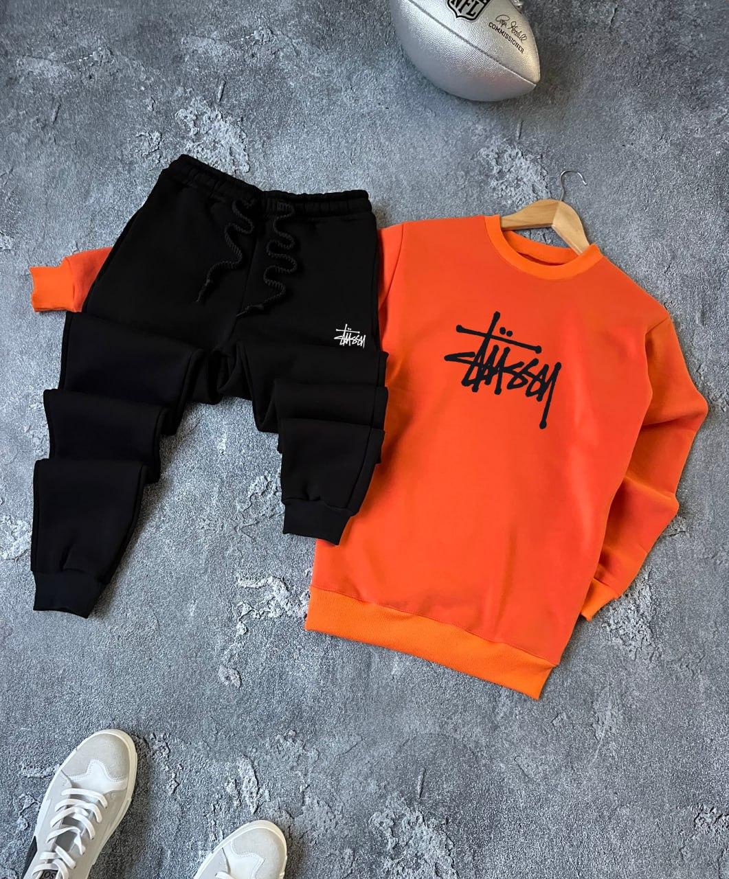 Спортивний костюм зимовий чоловічий stussy на флісі помаранчевий-чорний комплект світшот штани зима на флісі