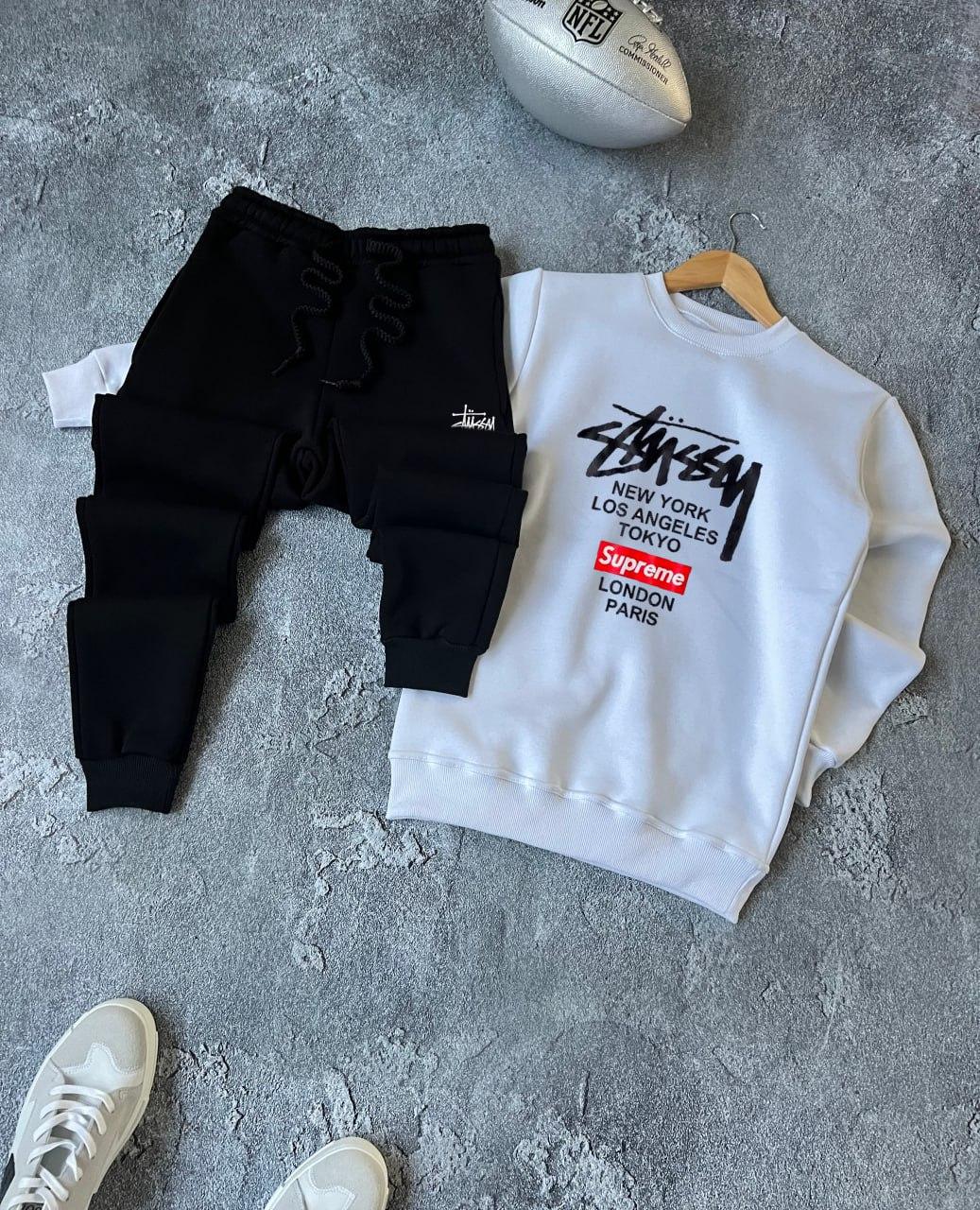 Спортивний костюм зимовий чоловічий stussy на флісі білий-чорний комплект світшот штани зима на флісі