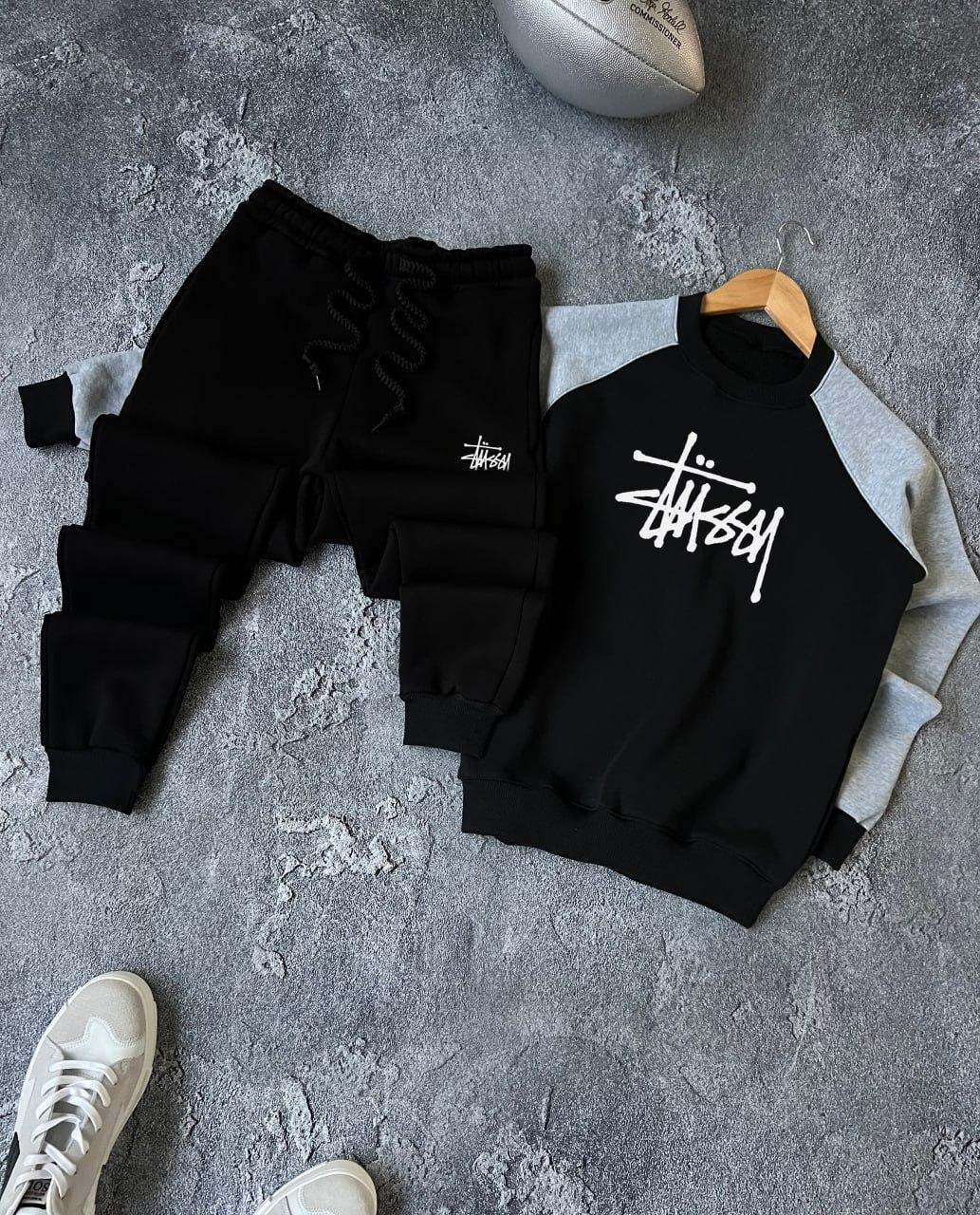 Спортивний костюм зимовий чоловічий stussy на флісі чорний комплект світшот штани зима на флісі
