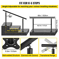 VEVOR Лестничные перила без перекладин 152,8x91 см Перила Максимальная высота ступеней Алюминиевые перила