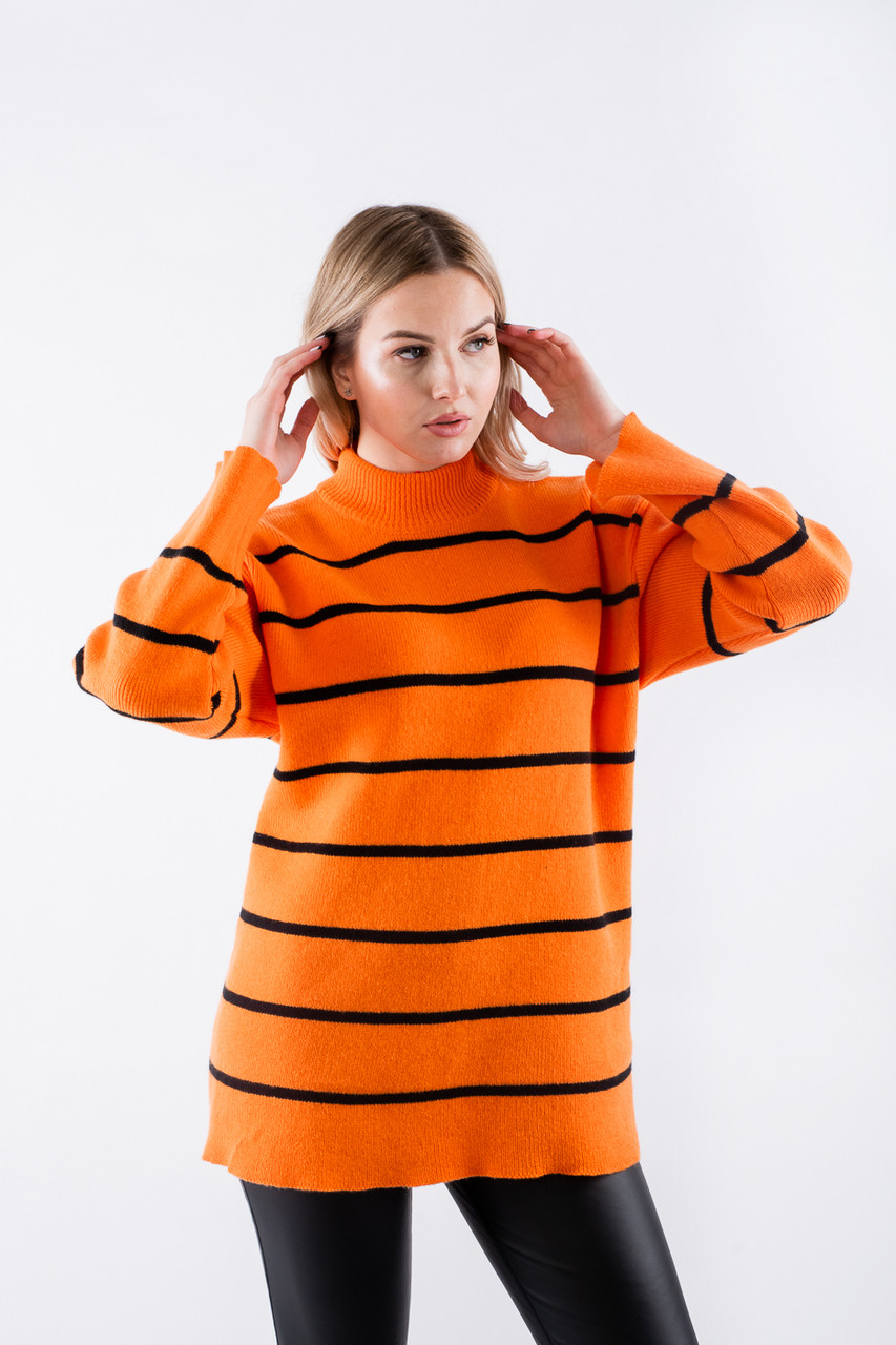 Джемпер жіночий в смужку оранжево-чорний 62017 ONE SIZE (2000000120867), фото 1
